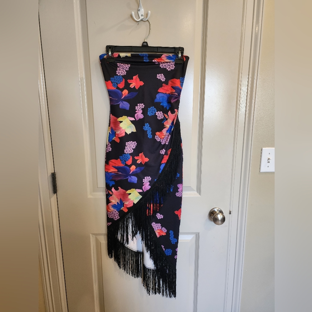 Black Floral Fringe Asymmetric Midi Dress